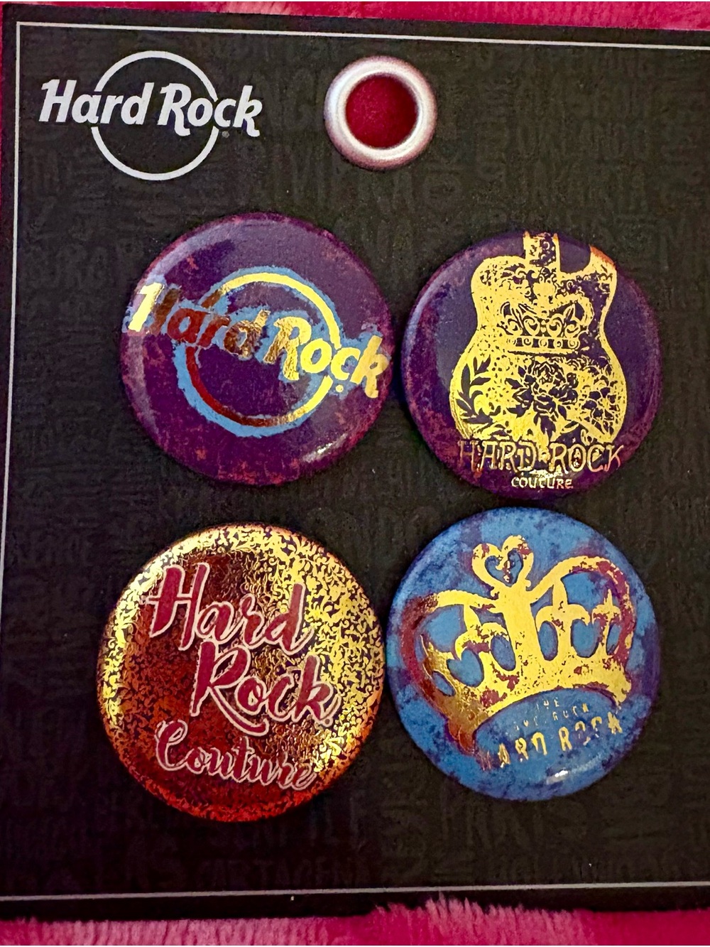 Hard Rock Cafe Purple, Blue and Gold Button Pin Quartet